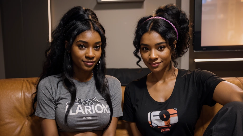 a selfie of a 35 years old black woman black youtuber , sitting in a gamer room , neon ambiance, with a shirt on and a smile, wearing a sexy cropped top, long afro hair, a woman with a tiger headband on , is smiling and wearing a sexy gray shirt huge tits, wig, wearing a headband, long black hair in a ponytail, long wild black curly hair, her black hair is a long curly, with afro, black ponytail hair, ponytail black hair, ultra high definition picture , 4k
