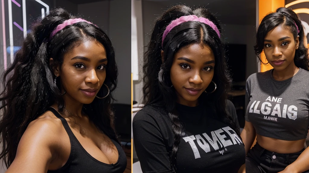 a selfie of a 35 years old black woman black youtuber , sitting in a gamer room , neon ambiance, with a shirt on and a smile, wearing a sexy cropped top, long afro hair, a woman with a tiger headband on , is smiling and wearing a sexy gray shirt huge tits, wig, wearing a headband, long black hair in a ponytail, long wild black curly hair, her black hair is a long curly, with afro, black ponytail hair, ponytail black hair, ultra high definition picture , 4k