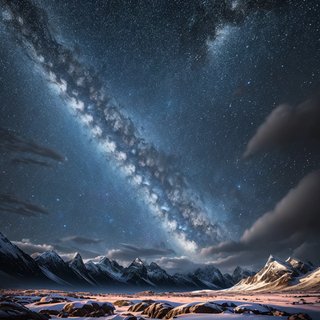 a surreal landscape, dramatic dark sky, starry night, towering snow-capped mountains, colorful soil and rocks, meteorite passage, 4k, 8k, extremely detailed, photorealistic, vivid colors, dramatic lighting, cinematic, epic scale, award winning digital art