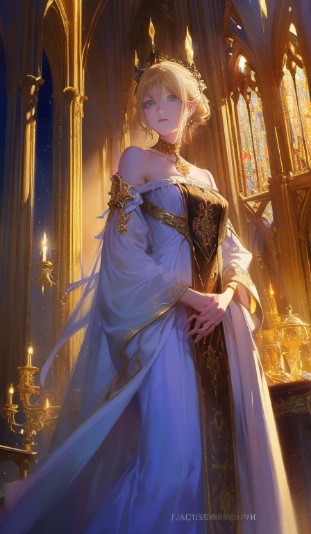 A fantasy empress, delicate face, pale blonde hair, blue eyes, wearing a white royal dress with open shoulders, gold patterns on fabric, crystal jewelry, with a scarlet ribbon over the shoulder displaying the regalia of the monarch, standing in front of a Gothic castle made of white stone, natural daylight, (best quality,4k,8k,highres,masterpiece:1.2),ultra-detailed,(realistic,photorealistic,photo-realistic:1.37),extremely detailed eyes and face,longeyelashes,intricate gold patterns,delicate jewelry,dramatic lighting,gothic architecture,ornate details,vibrant colors,cinematic composition