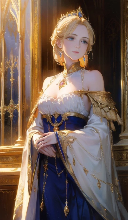 A fantasy empress, delicate face, pale blonde hair, blue eyes, wearing a white royal dress with open shoulders, gold patterns on fabric, crystal jewelry, with a scarlet ribbon over the shoulder displaying the regalia of the monarch, standing in front of a Gothic castle made of white stone, natural daylight, (best quality,4k,8k,highres,masterpiece:1.2),ultra-detailed,(realistic,photorealistic,photo-realistic:1.37),extremely detailed eyes and face,longeyelashes,intricate gold patterns,delicate jewelry,dramatic lighting,gothic architecture,ornate details,vibrant colors,cinematic composition