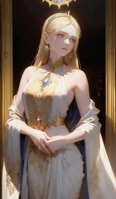 A fantasy empress, delicate face, pale blonde hair, blue eyes, wearing a white royal dress with open shoulders, gold patterns on fabric, crystal jewelry, with a scarlet ribbon over the shoulder displaying the regalia of the monarch, standing in front of a Gothic castle made of white stone, natural daylight, (best quality,4k,8k,highres,masterpiece:1.2),ultra-detailed,(realistic,photorealistic,photo-realistic:1.37),extremely detailed eyes and face,longeyelashes,intricate gold patterns,delicate jewelry,dramatic lighting,gothic architecture,ornate details,vibrant colors,cinematic composition