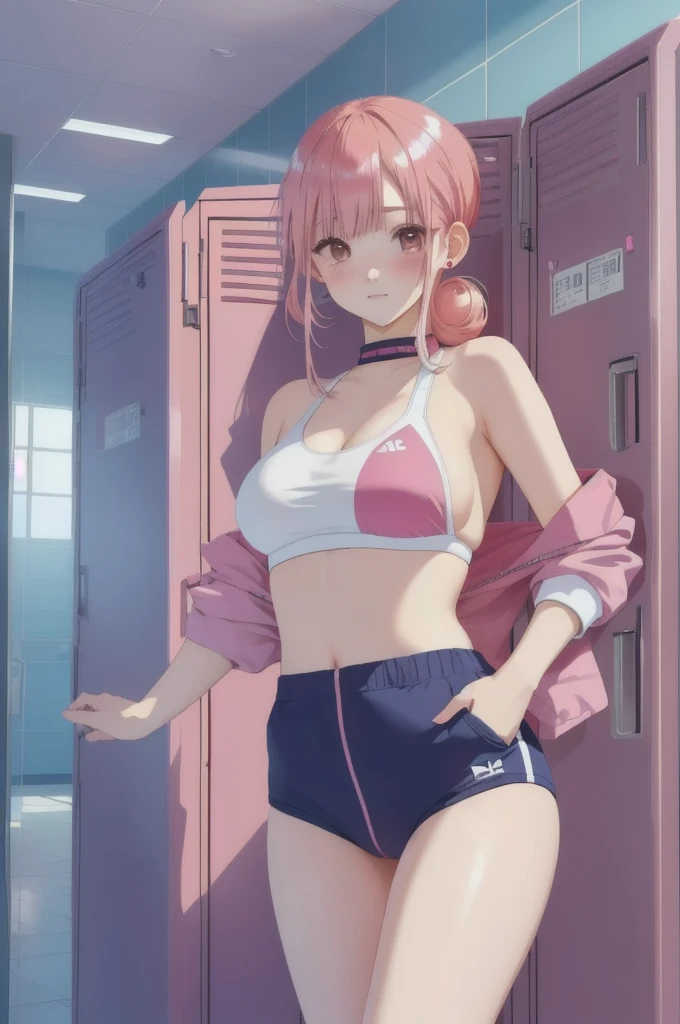 、Slanted Eyes、Pink Hair、Buns under both ears、bikini、locker room、locker room、Pink Hair、Blushing、Pink Hair、Buns under both ears、Blushing、Pink Hair