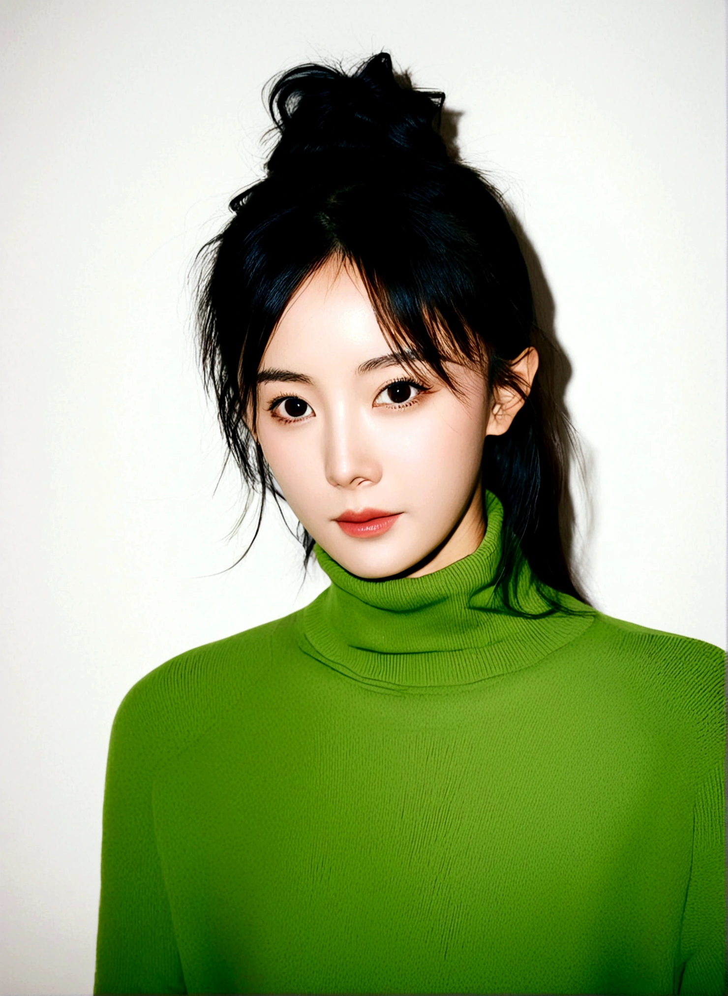 1 Girl，Asian，black hair，See viewers，photo real，portrait，Reality，Simple background，turtleneck sweater