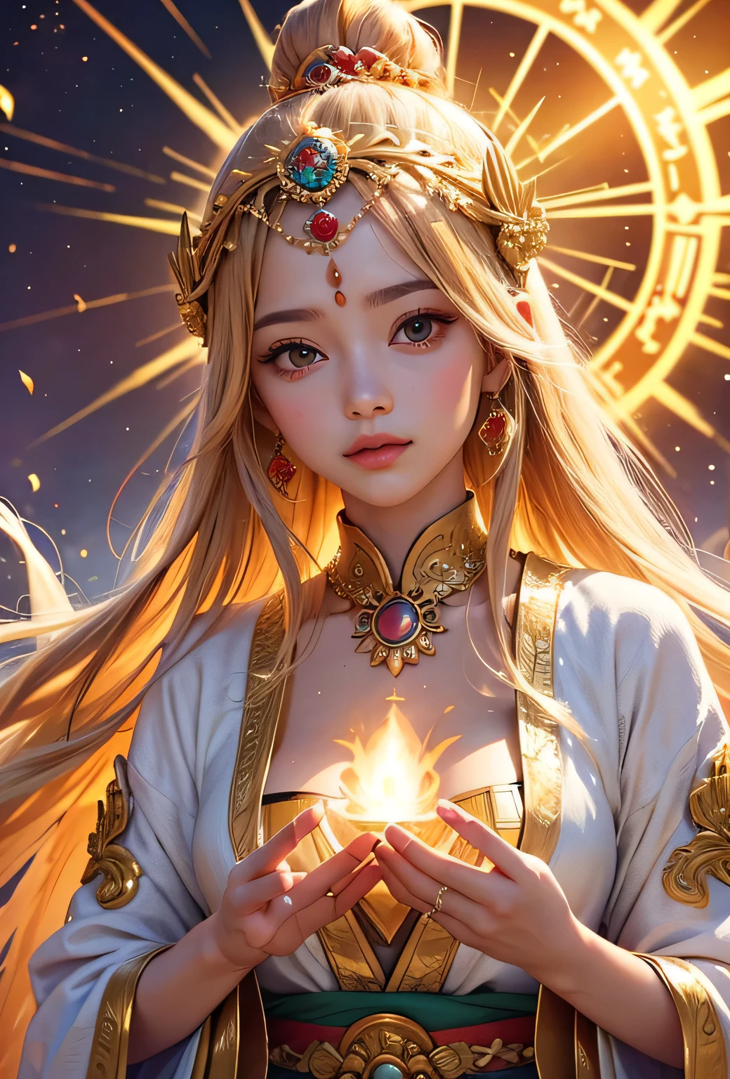 "Child of the Sun, Goddess of Love": Within a sacred sanctuary bathed in sunlight, depict the figure of a sun goddess who governs love, facing forward and emanating divine radiance. She is a , around 3 . Zoom in to focus on her face, with a gleaming orb of light in her hands, representing the life-giving power of the sun. Her hair is shimmering gold, and she is wearing a traditional miko outfit as seen in Japanese shrines. The background should be predominantly gold, evoking a sense of divine splendor, with numerous heart-themed objects expressing the beauty of love. The setting is in heaven, enveloped in soft, bright light, where one can find tranquility and peace of mind, free from any trace of anxiety.