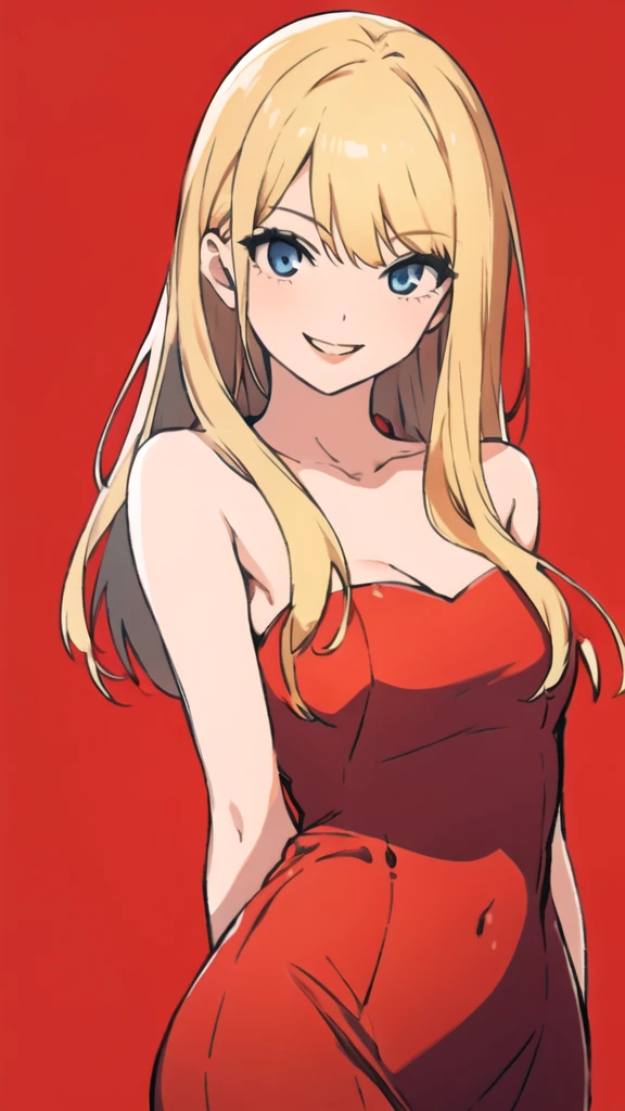 solo, 1girl, strapless, red midi dress, simple background, seductive smile, middle breasts, middle hair, blonde