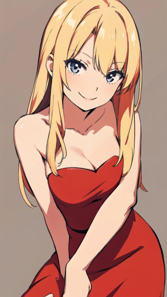 solo, 1girl, strapless, red midi dress, simple background, seductive smile, middle breasts, middle hair, blonde