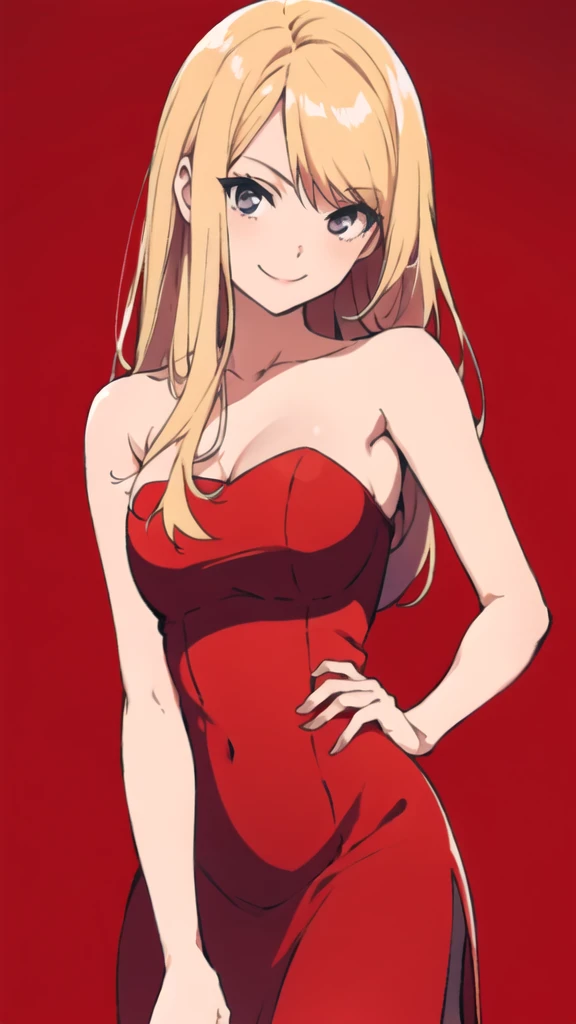 solo, 1girl, strapless, red midi dress, simple background, seductive smile, middle breasts, middle hair, blonde