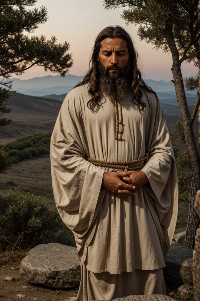 Make me an image of Jesus, which takes place in an ancient and serene landscape reminiscent of the biblical era. he is a man, evocative and is portrayed in deep prayer. Her dark hair cascades over her shoulders., slightly wavy and tousled, enhancing your humble appearance. A thick, full beard frames your face, showing signs of wear and the wisdom of the years.

Your eyes are closed in sincere devotion, with furrowed eyebrows indicating intense focus and a deep spiritual connection. Your hands are tightly clasped, his knuckles slightly white and he&#39;s on his knees, suggesting humility and submission to a higher power.

He wears a simple tunic, typical of the time, made of thick, earthy fabric. The cloak is slightly tattered and dusty, indicating a life of simplicity and perhaps a long journey. The fabric falls freely over your body, with a rope belt cinching him around his waist.

The background presents a peaceful and natural environment. On one side, there is a big stone, perhaps serving as an improvised altar. The sky above is a gentle gradient of twilight colors, with hints of stars starting to appear. A few scattered trees and bushes dot the landscape, emphasizing the remote and solitary nature of his prayer.

The overall mood of the image is one of tranquility., devotion and reverence, capturing a timeless moment of spiritual connection.

If you have any additional details or specific elements you would like to include, feel free to let me know!