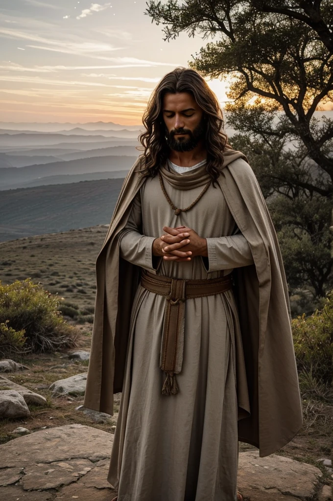 Make me an image of Jesus, which takes place in an ancient and serene landscape reminiscent of the biblical era. he is a man, evocative and is portrayed in deep prayer. Her dark hair cascades over her shoulders., slightly wavy and tousled, enhancing your humble appearance. A thick, full beard frames your face, showing signs of wear and the wisdom of the years.
Your eyes are closed in sincere devotion, with furrowed eyebrows indicating intense focus and a deep spiritual connection. Your hands are tightly clasped, his knuckles slightly white and he's on his knees, suggesting humility and submission to a higher power.
He wears a simple tunic, typical of the time, made of thick, earthy fabric. The cloak is slightly tattered and dusty, indicating a life of simplicity and perhaps a long journey. The fabric falls freely over your body, with a rope belt cinching him around his waist.
The background presents a peaceful and natural environment. On one side, there is a big stone, perhaps serving as an improvised altar. The sky above is a gentle gradient of twilight colors, with hints of stars starting to appear. A few scattered trees and bushes dot the landscape, emphasizing the remote and solitary nature of his prayer.
The overall mood of the image is one of tranquility., devotion and reverence, capturing a timeless moment of spiritual connection.
If you have any additional details or specific elements you would like to include, feel free to let me know!