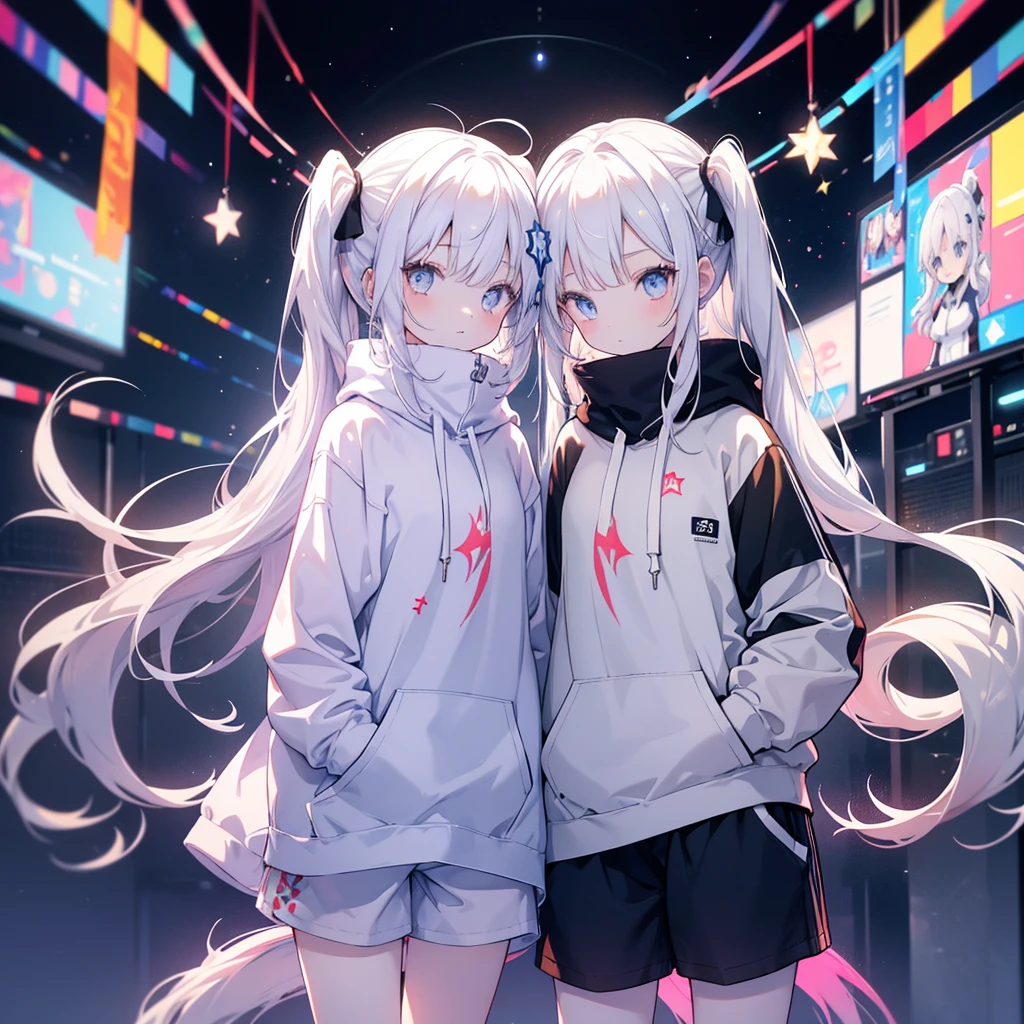 Two girls,
the first one has red eyes and beige hair in twin tails,
the second one has blue eyes and white hair in side tails,
they are both wearing sporty hoodies and shorts in monochrome, colorful on white background, glowing, stars, light, ephemeral,, mirrornun