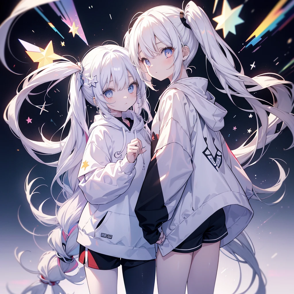 Two girls,
the first one has red eyes and beige hair in twin tails,
the second one has blue eyes and white hair in side tails,
they are both wearing sporty hoodies and shorts in monochrome, colorful on white background, glowing, stars, light, ephemeral,, mirrornun