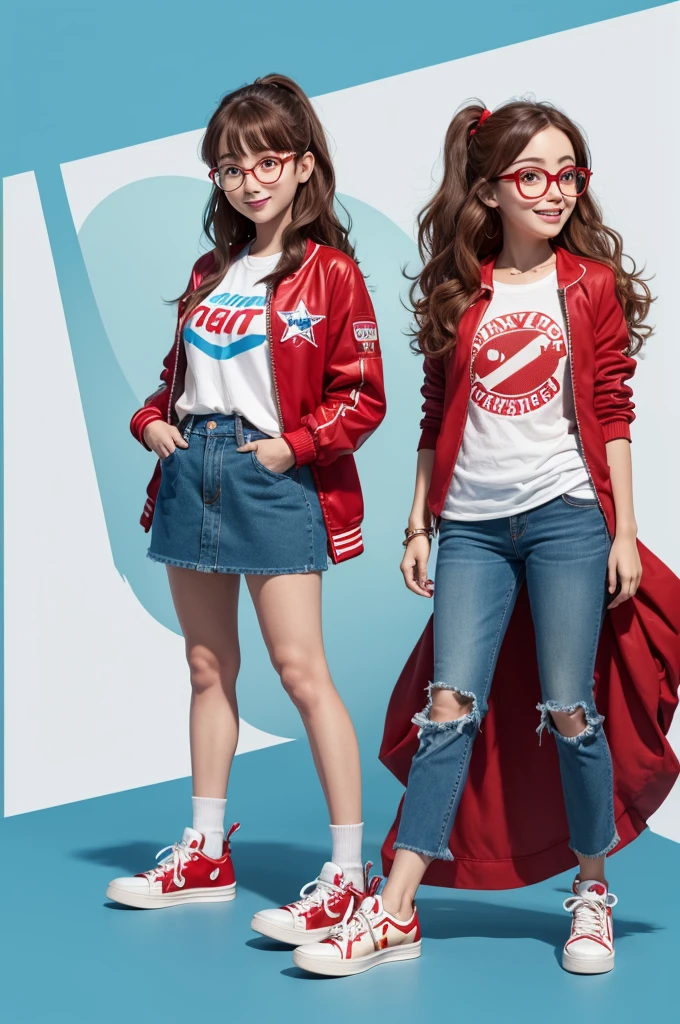 Funnily character, disney pixar style, 3d, very tiny, with long wavy brown hair, heat denim pleated skirt, red al star sneakers, red american football style jacket, with happy face, light blue skin, Round Red Glasses, white background 8k quality