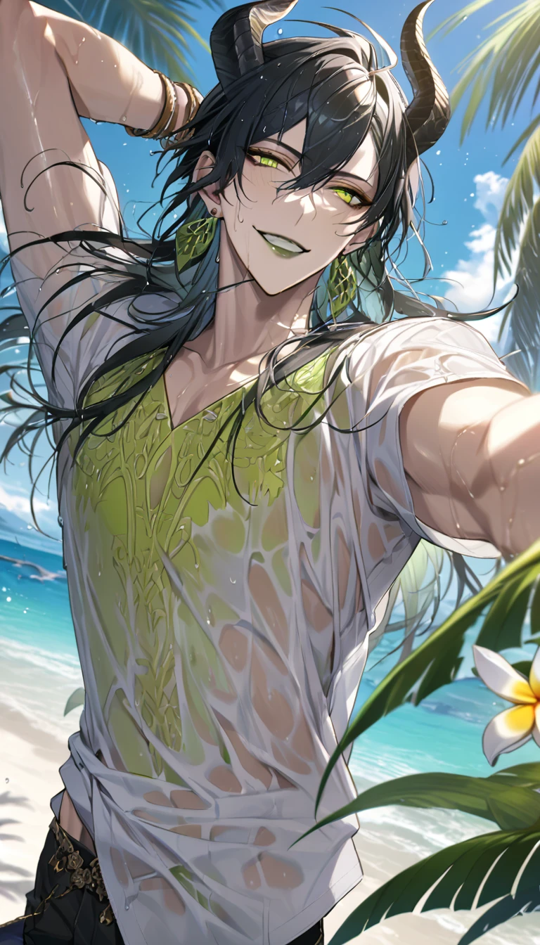 ((masterpiece:1.4, best quality)), (Ultra detailed background), 1boy, handsome man, highly detailed beautiful face and eyes, white hair, beautiful eyes, (sharp detail:1.3), shiny, earrings, bracelet, (wet clothes:1.3), Shirts, Bari, Cebu Island, plumeria, near the beach, stretch,lie on one's back, dynamic angle, malleus draconia (twisted wonderland) horns, bishounen, boy, male, yana Toboso style, long hair, black hair, yellow green eyes, smile, gray lips, handsome, skinny, tall, yellow green glow,