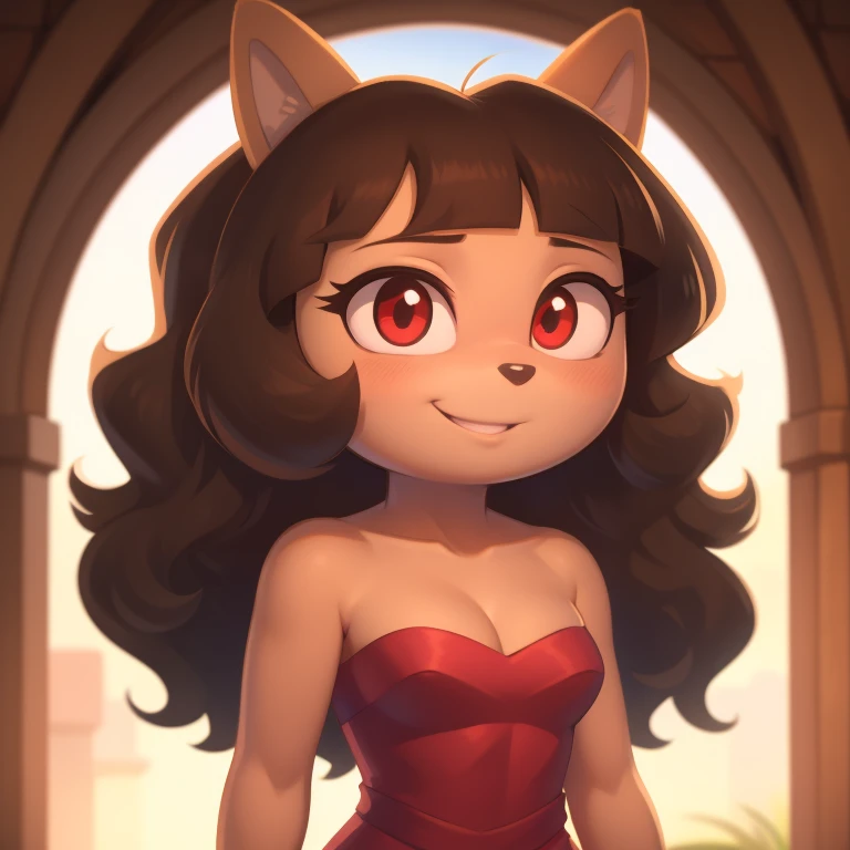 Dora the explorer, young adult, strapless tight dress, cleavage, curly hair, halo, sunglasses, jewelry, red eyes, longeyelashes, red eyes, smile, shy, blush, high detail, masterpiece, UHD, anatomically correct, super detail, highres, 4K