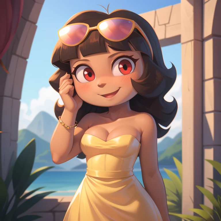 Dora the explorer, young adult, strapless tight dress, cleavage, curly hair, halo, sunglasses, jewelry, red eyes, longeyelashes, red eyes, smile, shy, blush, high detail, masterpiece, UHD, anatomically correct, super detail, highres, 4K