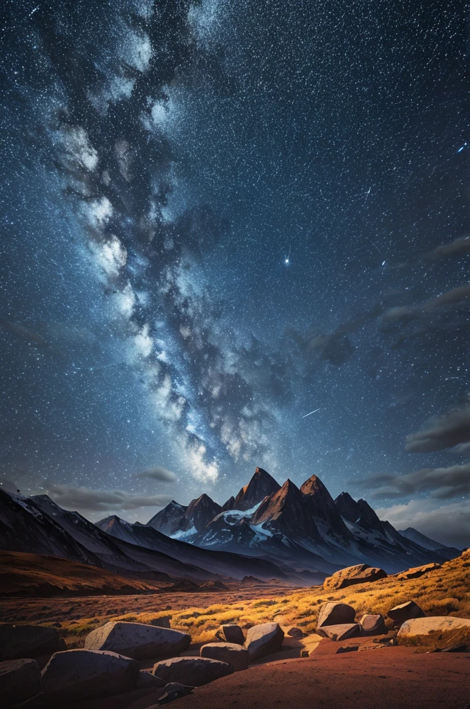 a surreal landscape, dramatic dark sky, starry night, towering snow-capped mountains, colorful soil and rocks, meteorite passage, 4k, 8k, extremely detailed, photorealistic, vivid colors, dramatic lighting, cinematic, epic scale, award winning digital art