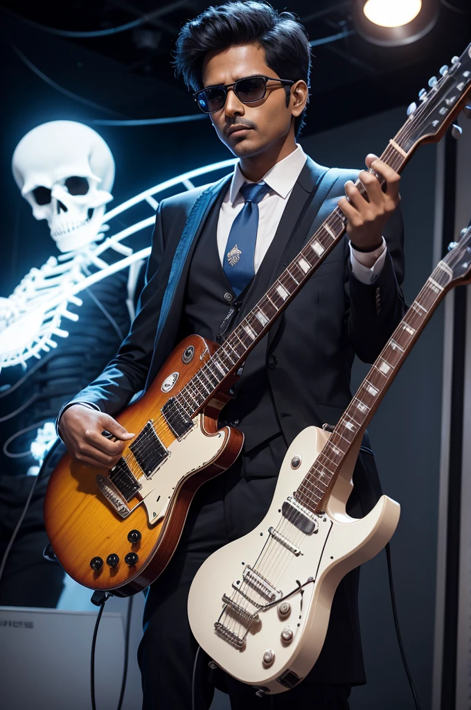Skeleton of an Indian with an electrified guitar, wearing a suit and a tie