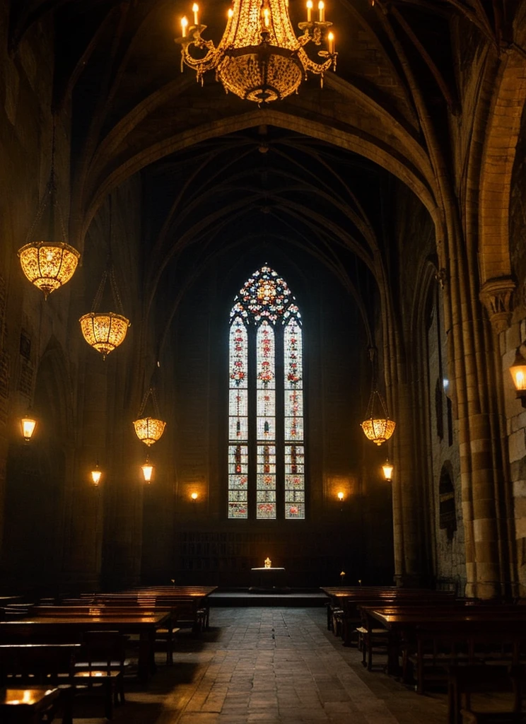 The great hall of the castle stretches beneath high, rib-vaulted ceilings, illuminated by torches flickering with a yellowish light. Massive wooden tables, heavy and adorned with intricate carvings, dominate the shadowy space, covered in linens darkened by time. Large Gothic windows, leaded and dimmed, barely allow the twilight to filter through from outside. A hanging chandelier, wrought with delicate ironwork, gently sways over the main table, casting dancing shadows on the bare stone walls. The air is filled with a cold, damp atmosphere, and a heavy silence seems to absorb even the slightest whisper.