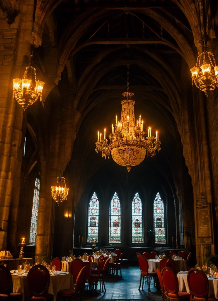 The great hall of the castle stretches beneath high, rib-vaulted ceilings, illuminated by torches flickering with a yellowish light. Massive wooden tables, heavy and adorned with intricate carvings, dominate the shadowy space, covered in linens darkened by time. Large Gothic windows, leaded and dimmed, barely allow the twilight to filter through from outside. A hanging chandelier, wrought with delicate ironwork, gently sways over the main table, casting dancing shadows on the bare stone walls. The air is filled with a cold, damp atmosphere, and a heavy silence seems to absorb even the slightest whisper.