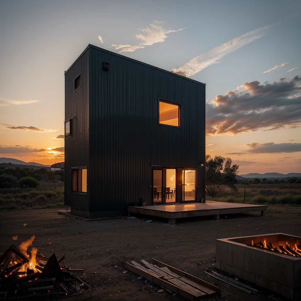 metal sheet house at sunset with bonfire