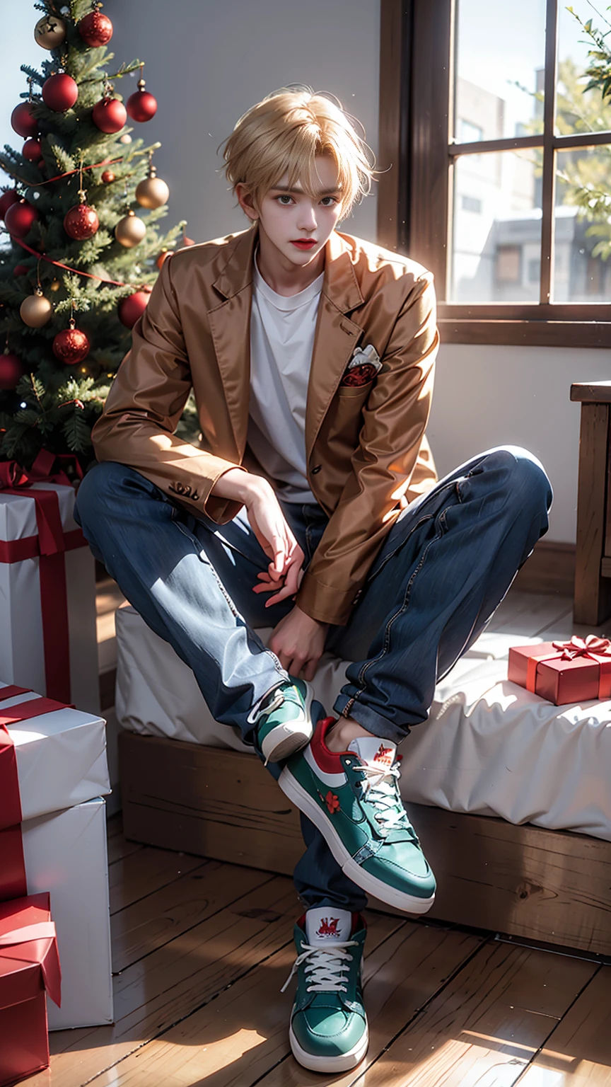 Blond young man, tall，Long legs，Orange Eyes, Red blazer, floral shirt, blue jeans, red high-top sneakers, sitting on wooden floor, hand resting on cheek, looking pensive, Christmas tree with decorations, gifts, warm festive atmosphere.