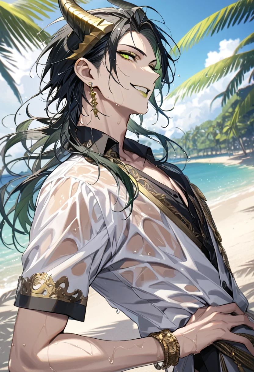 ((masterpiece:1.4, best quality)), (Ultra detailed background), 1boy, handsome man, highly detailed beautiful face and eyes, white hair, beautiful eyes, (sharp detail:1.3), shiny, earrings, bracelet, (wet clothes:1.3), Shirts, Bari, Cebu Island, plumeria, near the beach, stretch,lie on one's back, dynamic angle, malleus draconia (twisted wonderland) horns, bishounen, boy, male, yana Toboso style, long hair, black hair, yellow green eyes, smile, gray lips, handsome, skinny, tall, yellow green glow,