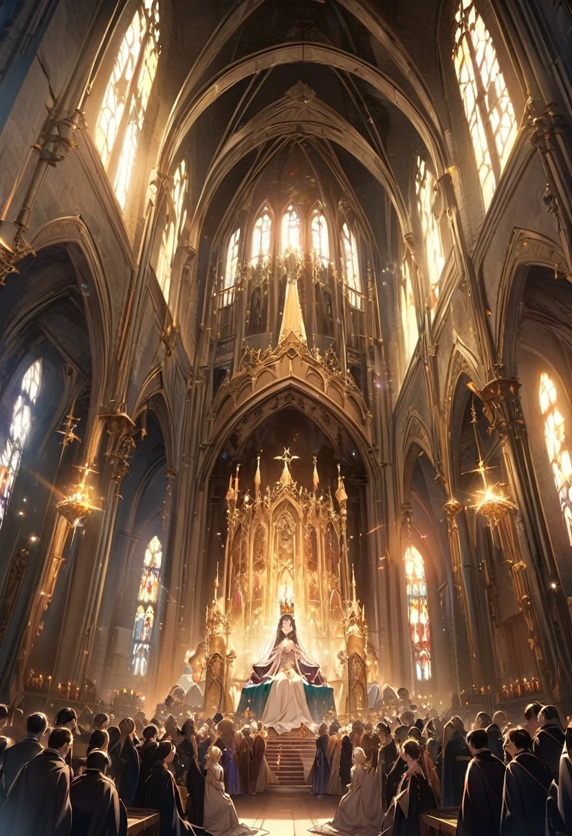 Divine, low angle shot, film, crown, church, queen coronation, CG illustration, kneeling crowned woman in the center of the picture, girl crowned on the first floor of the church, everyone looks at it with various expressions, there is a person on the second floor sitting looking at the girl, the light shines on the girl's body

