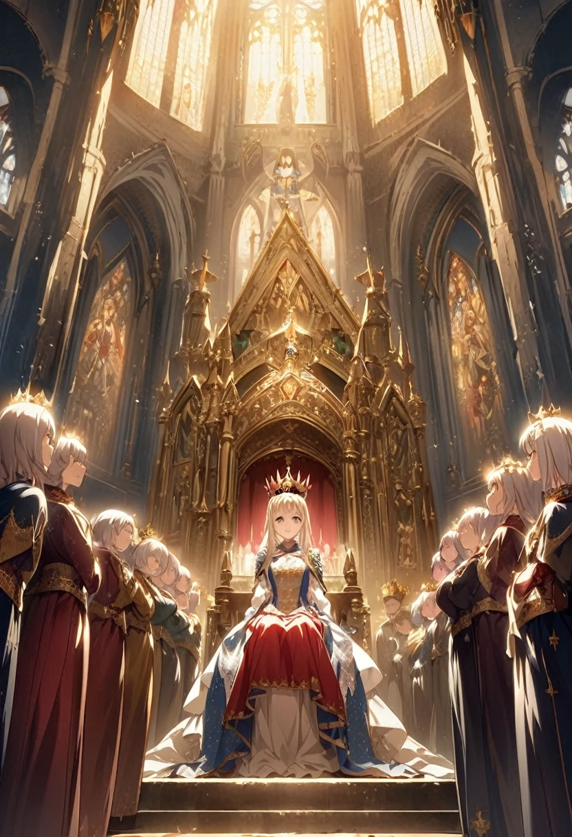 Divine, low angle shot, film, crown, church, queen coronation, CG illustration, kneeling crowned woman in the center of the picture, girl crowned on the first floor of the church, everyone looks at it with various expressions, there is a person on the second floor sitting looking at the girl, the light shines on the girl's body