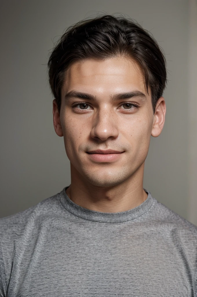 masterpiece, best quality, absurd res, ultra detailed, intricate detail, ultra detailed facial features, cute, adorable, 20 years young man,, masculine, strong jaw, clean-shaven, looking at viewer, facing camera, Eye contact, black hair, smiling, pink lips, closed mouth, (skin texture, skin pores:1.2), detailed skin texture, high skin pores, freckles, dark grey shirt,