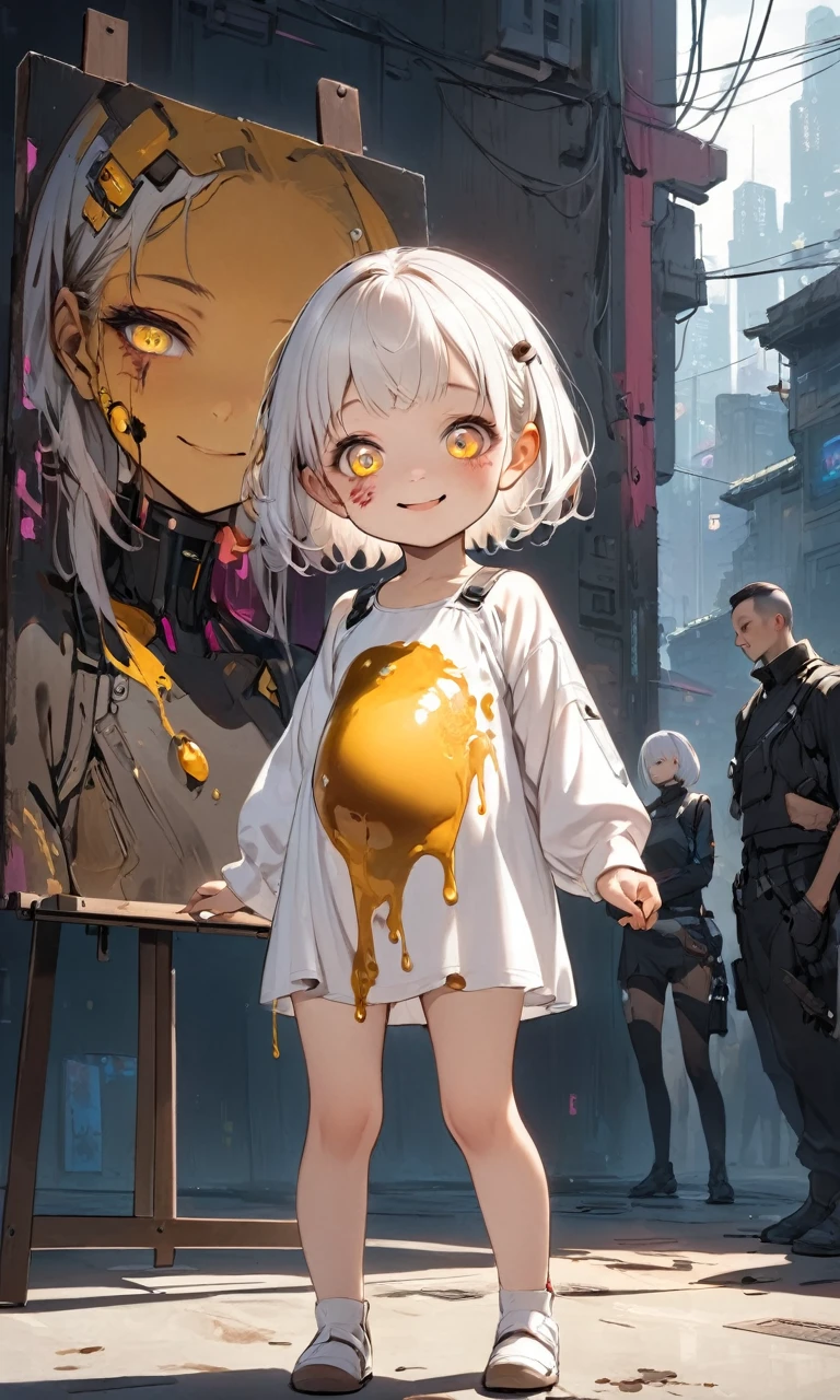 (Cyberpunk), Cyberpunk (series), 1 名girl, Baby Girl,With a happy smile,girl,whole body,(Delicate face:1.2), 八岁小girl,White hair, honey-colored pupils, confused expression, and a little wound on the body ,Standing painting,一米五girl