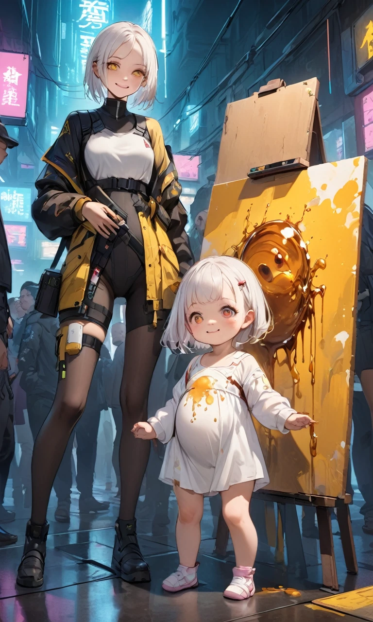  (Cyberpunk), Cyberpunk (series), 1 名girl, Baby Girl，With a happy smile，girl,whole body,(Delicate face:1.2), 八岁小girl，White hair, honey-colored pupils, confused expression, and a little wound on the body ，Standing painting，一米五girl