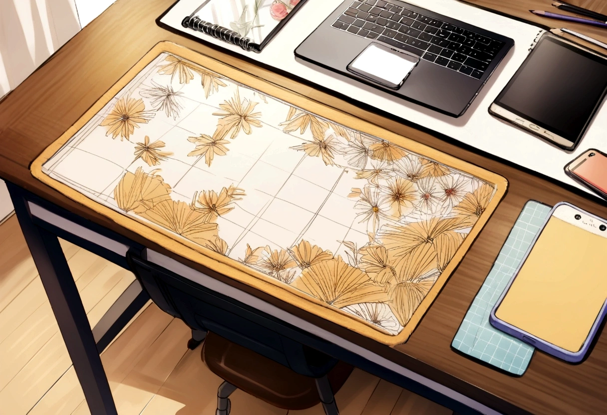 make picture where can see phone case, desk mats, some items like pencil and digital desinger patern