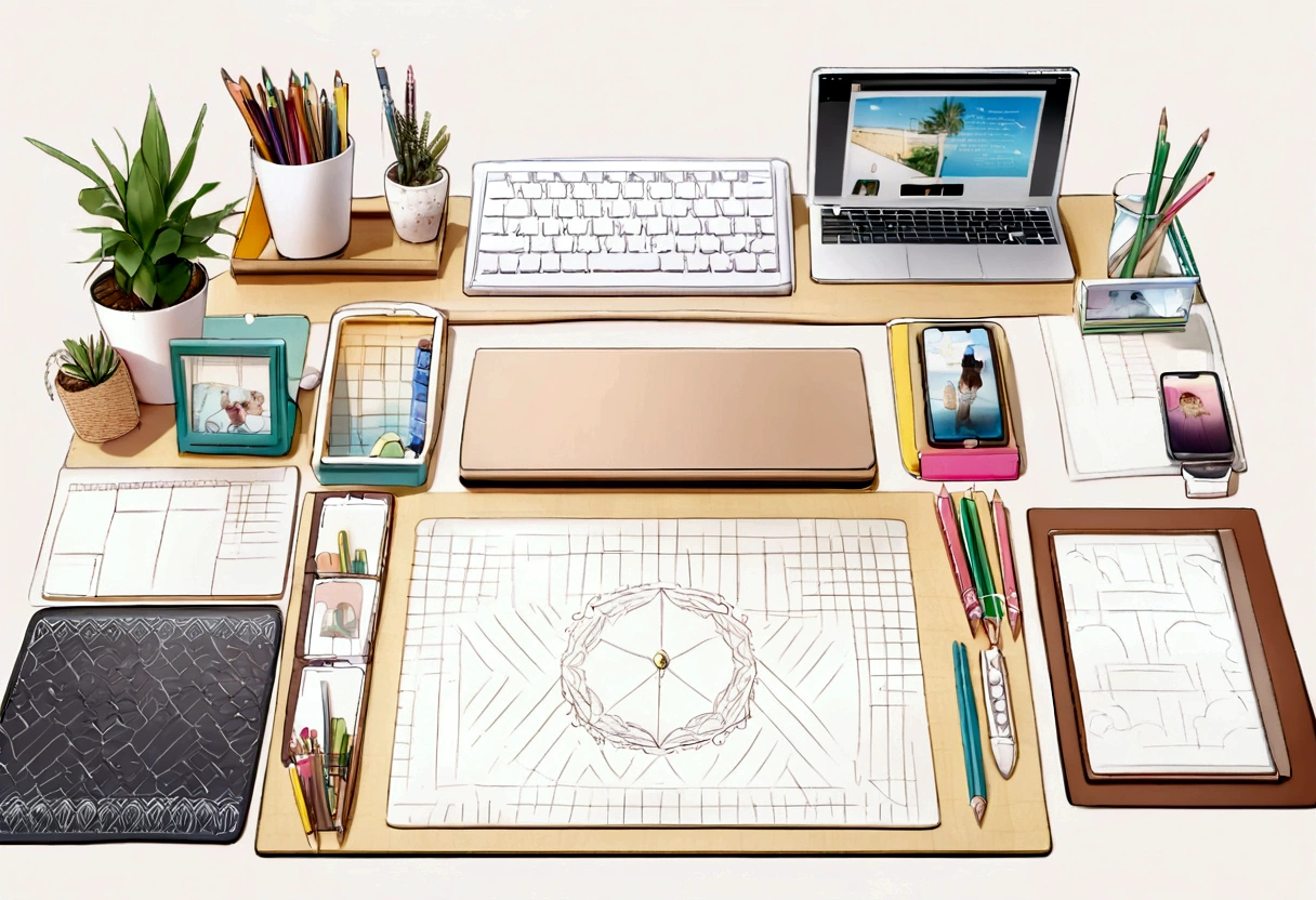 make picture where can see phone case, desk mats, some items like pencil and digital desinger patern