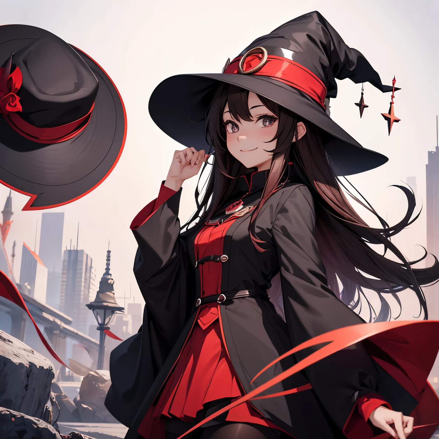 anime witch girl character with witch hat and black and red outfit, 1girl, magic circle, hat, solo, long hair, witch hat, black eyes, wide sleeves, brown hair, pantyhose, full shot, smile