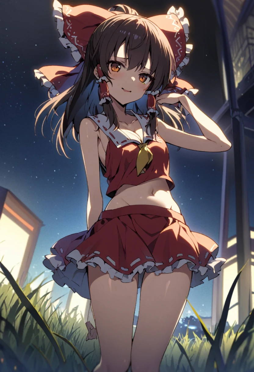 One Scene、one-shot、1 person、Reimu Hakurei、Belly button、Cleavage、Slim body、Skinny、front、whole body、Stand、Stand up、Cute face、Miniskirt、Thighs、的にStand up、Grass at night、midnight