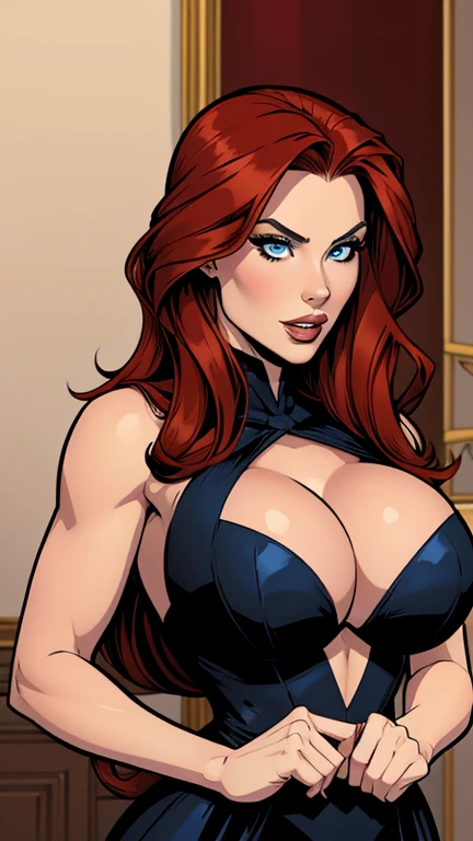 .21 year old woman , long straight red hair, bright and expressive blue eyes, she opted for an elegant black dress. service, busty. comic style. quadrinhos da marvel