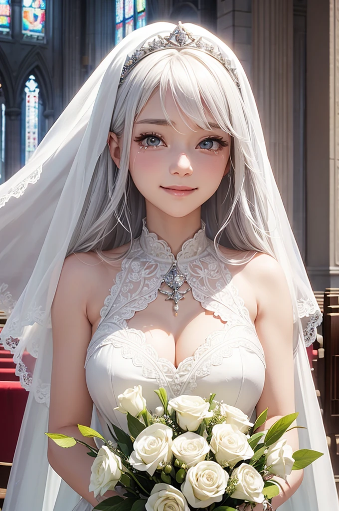 beautiful white haired、woman、Veil on the face、Bouquet in hand、smile、tears in my eyes、church、The sunlight that came in is shining、nude