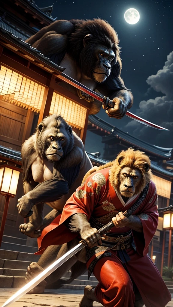 Lion in a kimono、Gorillas are fighting with swords like Japanese swords、Fantasy World、A city like Kyoto in Japan、Night view、Realistic live-action style、Realistic texture