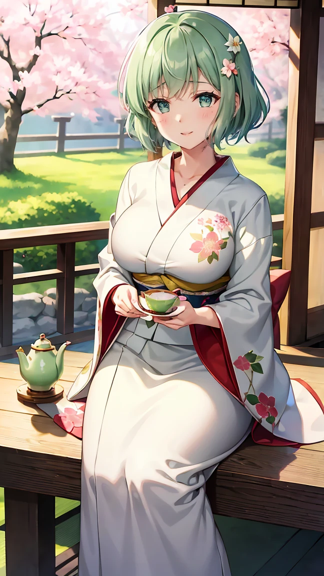 Girl with short green hair, Small breasts, Green Eyes, White Casual Wear Beauty Special、(((tits))),Full body photo from head to toe、Kimono、Patterned Japanese clothing、Cherry tree in full bloom、Fluttering petals、Tea Ceremony、Graceful Manners、Tea party、Chatting in a Japanese-style room、Savor Japanese sweets、Highest