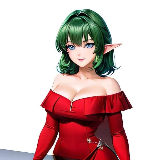  (masterpiece,highest quality,Very delicate,Perfect Face,8k,A beautiful woman),Medium short green hair:1.2, Red strapless bodycon tube dress ,Red long arm sleeves,Elf Girl,((Big Breasts)),blue eyes,Beautiful smile