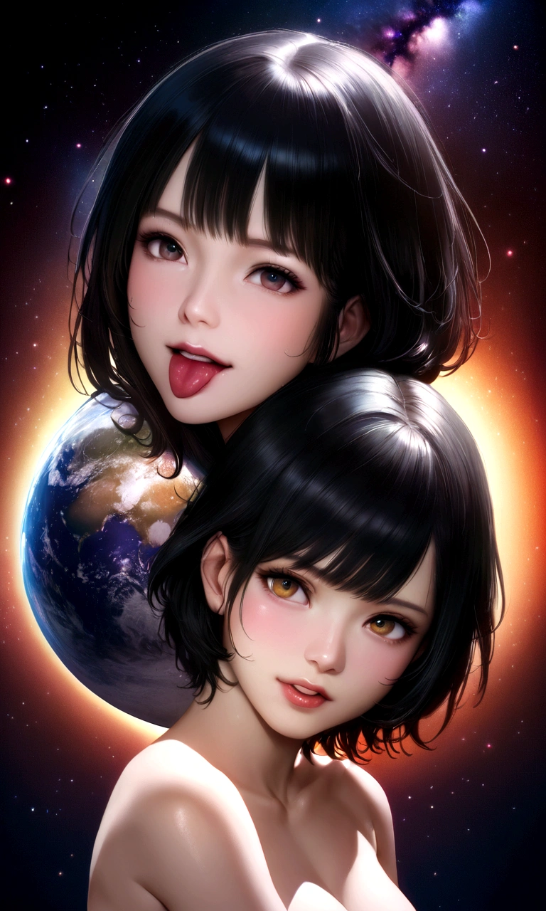 A nude body bigger than a small globe、Hold the Earth in your hand and bring it to your mouth、Sticking out tongue、universe space、Sexy pose、Small breasts、Realistic、anime、リアルanimeスタイル、short hair、Black Hair、Cute woman、Beauty、model、Portrait、Steamy、steam、Japanese Idol、20th Generation、Milky Way、nebula、Mars、Saturn、moon、Spectacular atmosphere、God of Destruction