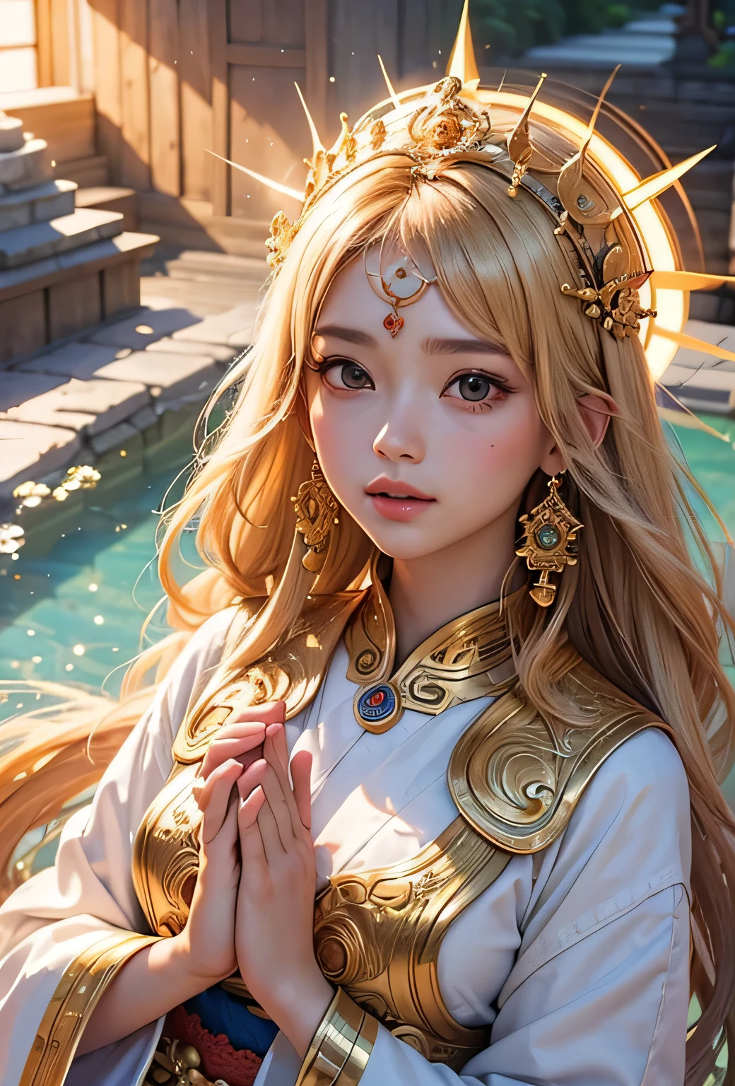 "Child of the Sun, Goddess of Love": Within a sacred sanctuary bathed in sunlight, depict the figure of a sun goddess who governs love, facing forward and emanating divine radiance. She is a , around 3 years old. Zoom in to focus on her face, with a gleaming orb of light in her hands, representing the life-giving power of the sun. Her hair is shimmering gold, and she is wearing a traditional miko outfit as seen in Japanese shrines. The background should be predominantly gold, evoking a sense of divine splendor, with numerous heart-themed objects expressing the beauty of love. The setting is in heaven, enveloped in soft, bright light, where one can find tranquility and peace of mind, free from any trace of anxiety.