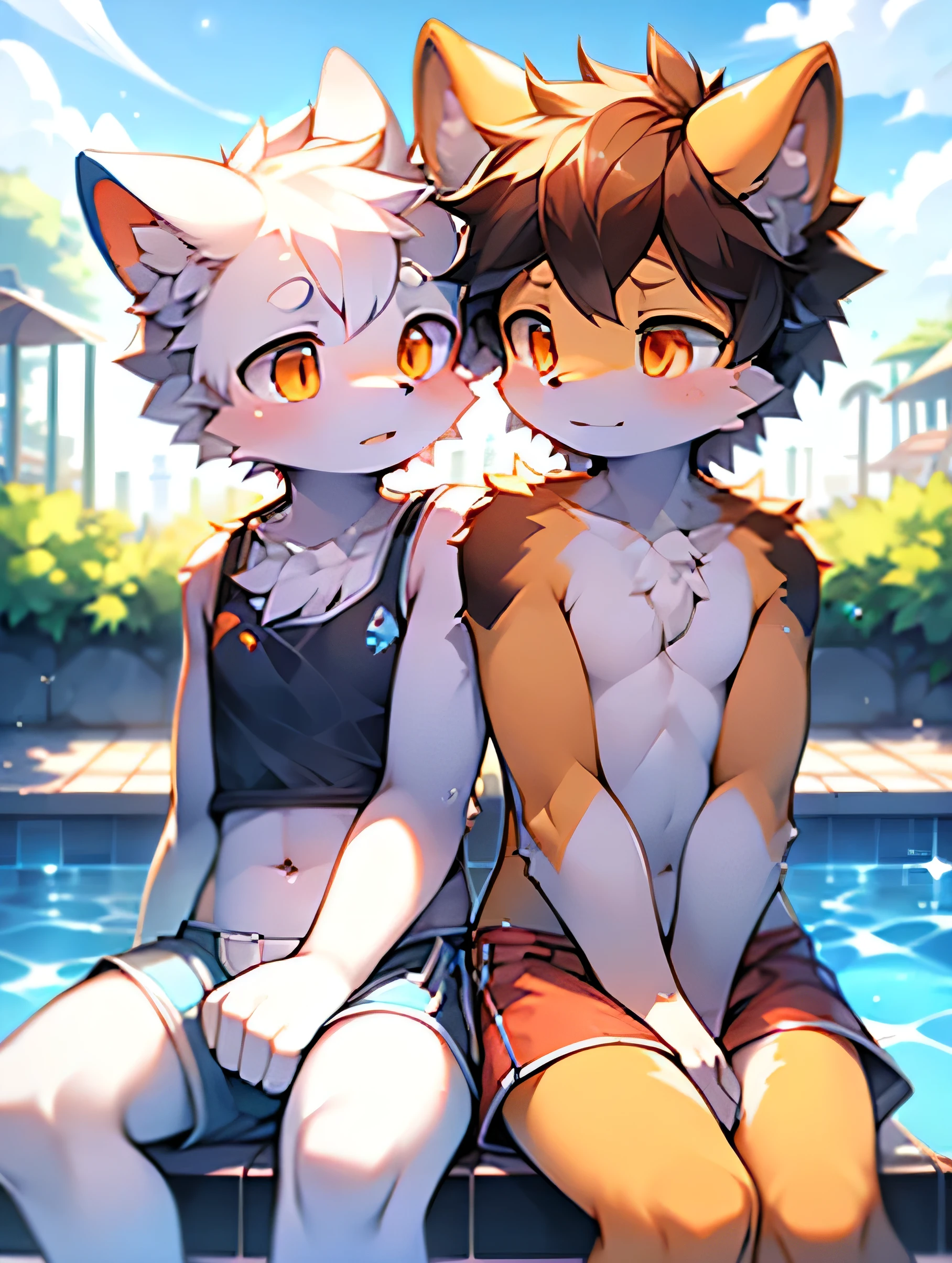 Sitting by the pool during the day, two people with white fur, orange eyes, and light blue paws wearing white swimsuits and orange swimming trunks