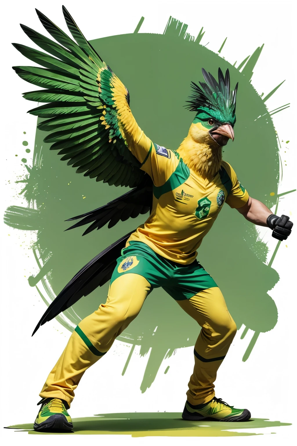 brazil, Canary, young bird, full body bird, bird with angry face, strong bird, Brazilian football mascot, green and yellow uniform, pop art, green and yellow watercolor, drawning, caricature