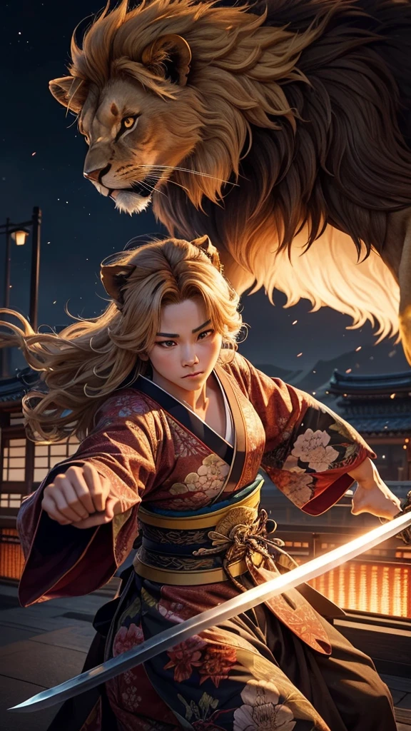 A lion wearing a kimono is fighting with a sword like a Japanese sword、Fantasy World、A city like Kyoto in Japan、Night view、Realistic live-action style、Realistic texture