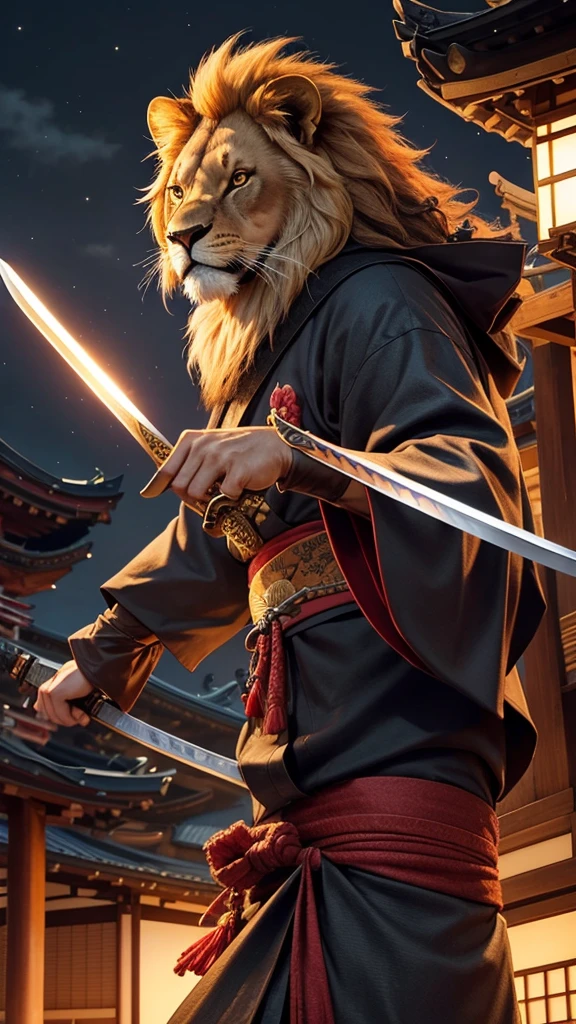 A lion wearing a kimono is fighting with a sword like a Japanese sword、Fantasy World、A city like Kyoto in Japan、Night view、Realistic live-action style、Realistic texture