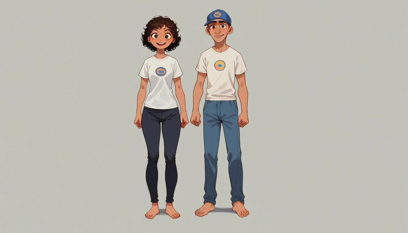 Generate a 3D cartoon animation image of Mayu and Abi walking together on the road. Mayu, tall (6.5 feet) with short curly black hair, brown eyes, a fair complexion, and a double chin, is dressed in sporty trousers, a neckless t-shirt (wearing freely), and a gray and blue cap. Abi, medium-height (5 feet) with long dark brown hair, a warm smile, and an Indian complexion, is wearing fashionable attire. The scene should be in a modern Disney/Pixar style, with an aspect ratio of 16:9 and in 8K resolution.
