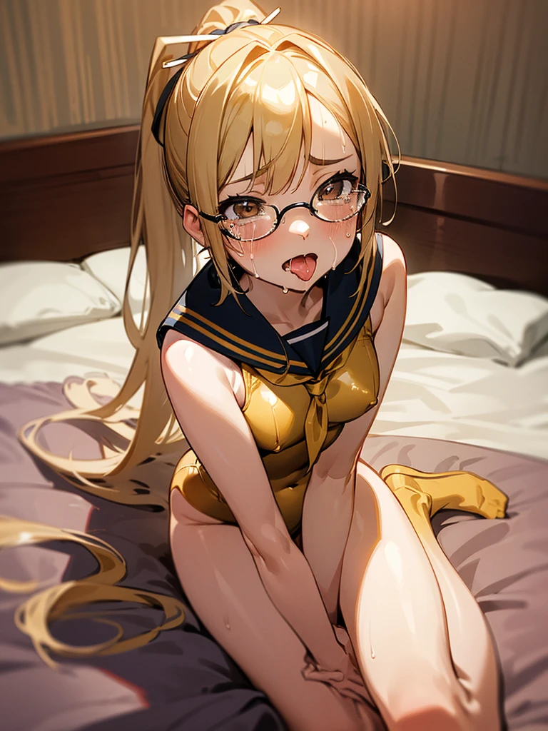 high resolution,High resolution,1Beautiful girl of the person,whole body,look up,looking at the camera,Big eyes,Glasses,Crying face,Tears,Stringy saliva,Open your mouth wide,Sticking out tongue,Flush saliva,Overflowing with saliva,ponytail,Golden Hair,Brown eyes,Sailor Leotard,High Leg,Tears overflow,Dripping a lot of saliva,Drooling,On the bed,sexy,Finger licking,Western-style room,Alluring,Leg spread,front,