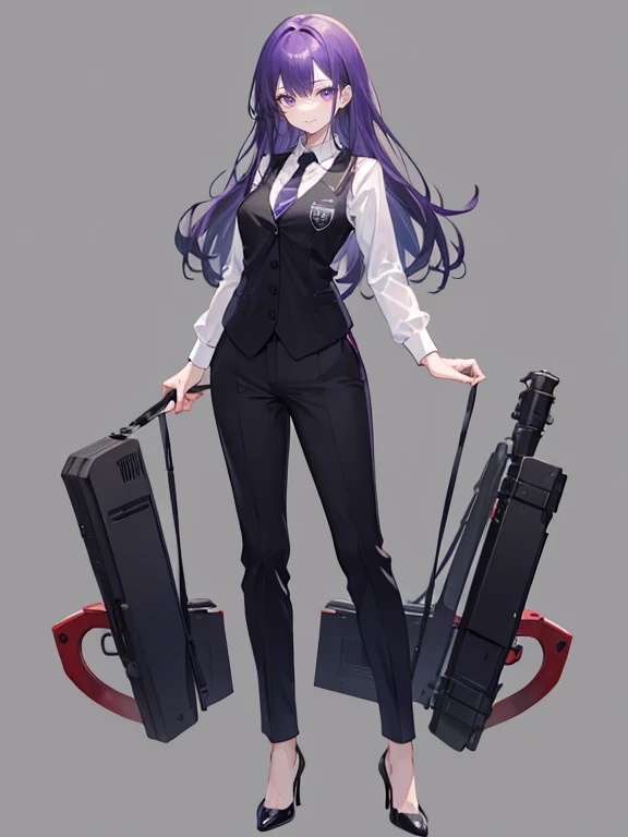 purple,long hair,woman,suit,black vest,Shirt with rolled up sleeves,tie,pants,high heels,,simple background,smile,whole body,full body,full body,Standing picture,vtuber,upright,,Standing upright with face and body facing forward,